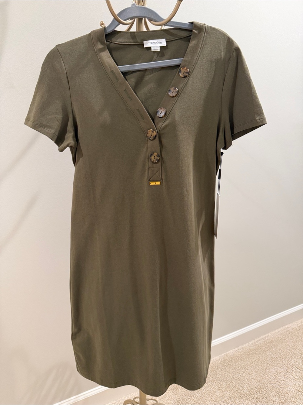 Calvin Klein Olive Green Short-Sleeve V-Neck Dress with Tortoiseshell Buttons